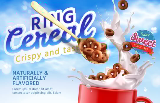 Realistic chocolate ring cereal falling into a cup from a spoon with a splash of milk on blue sky background. 3d illustration of crispy and tasty ring cereal advertisement banner vector