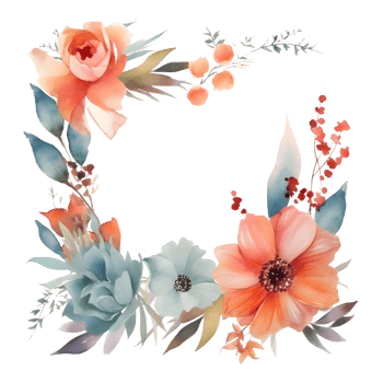 Beautiful Watercolor Floral Frame Design for Wedding Invitations or Greeting Cards. Hand-drawn Flowers and Leaves in Soft Pastel Colors. PNG Transparent Background