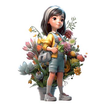 Calm and Peaceful 3D Florist Women Serene and Tranquil Characters for Relaxing and Soothing Floral Art PNG Transparent Background