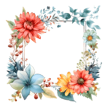 Delicate Floral Wreath with Roses, Dahlias and Eucalyptus Leaves. Hand Painted Watercolor Design. PNG Transparent Background