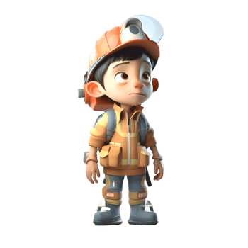 Vigilant 3D Firefighter Boy with Safety Goggles Great for Hazardous or Dangerous Environments. PNG Transparent Background