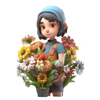 Joyful and Festive 3D Florist Women Celebratory and Jolly Characters for Holiday and Seasonal Floral Decorations PNG Transparent Background
