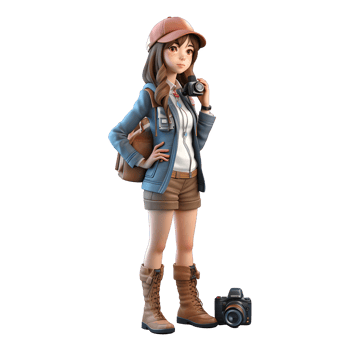 Smiling and Snapping 3D Cute Girl Photographer in Action PNG Transparent Background