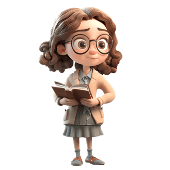 Genius Girl 3D Cute Girl in Professor Character holding Book and wearing Glasses PNG Transparent Background