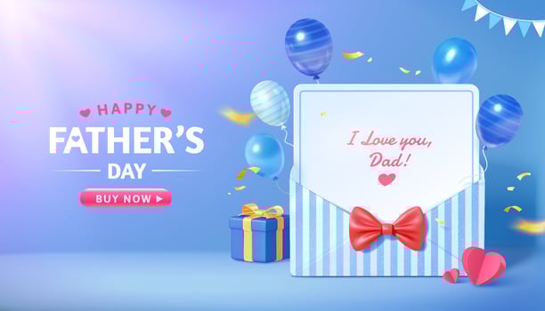 3d sale promo banner for happy Father's Day. Layout design of blue stripe envelope with flying balloon decorations. Concept of gratitude for dads. vector
