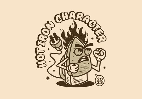 Vintage mascot character design of Electric iron with angry face and flames vector