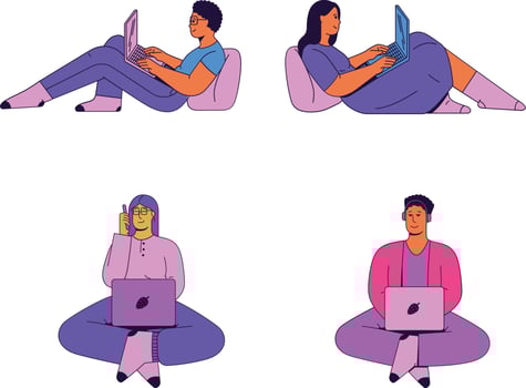 Vector illustration of young people sitting on the floor and using laptops. Freelance and remote work concept.