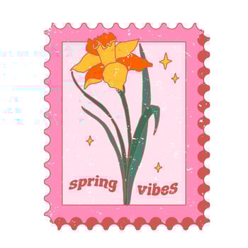 Beautiful retro hand-drawn post stamp with Daffodils. Spring vibes greeting card. vector