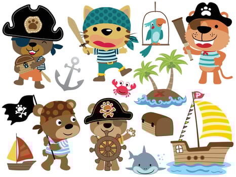Vector set of cartoon funny animals in pirate costume. Pirate elements cartoon