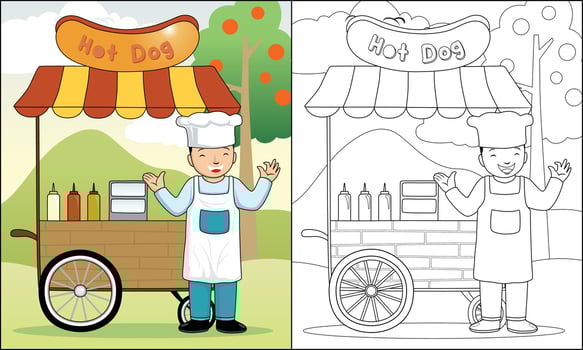 hot dog street cart with seller on nature background, coloring book or page vector