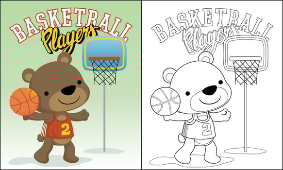 Coloring book of funny little bear cartoon playing basketball vector