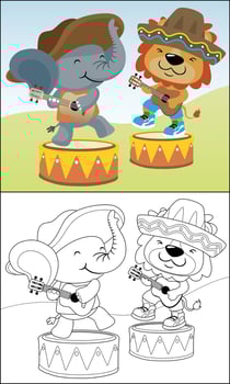 Cartoon elephant with lion playing guitar in Mexican sombrero hats, coloring book or page vector