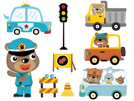 Vector set of vehicles cartoon with funny animals cartoon, traffic elements illustration