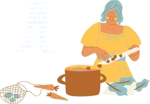 Elderly woman cooking soup. Vector illustration in flat style.