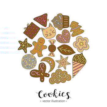 Hand drawn cute cookies in circle. vector