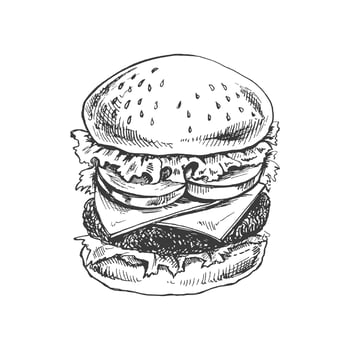 Hand-drawn sketch of great delicious sandwich, burger, hamburger isolated on white background. Fast food vintage illustration. Element for the design of labels, packaging and postcards vector