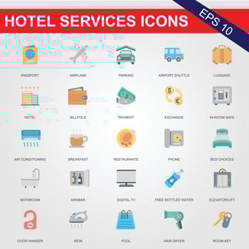 25 Hotel icons set. Rental property isolated icons. Set of apartment reservation, hotel booking, rent hostel room, airport transfer, room area, flat rent, five-star hotel, service line vector web icon