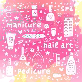 Pink poster with doodle nail salon icons. vector