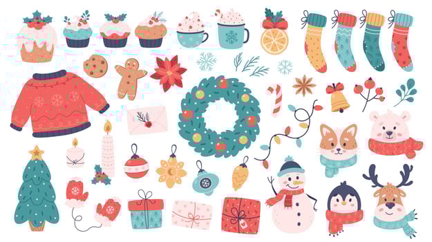 Christmas elements collection. Merry Christmas, Happy New Year objects. Winter time. vector