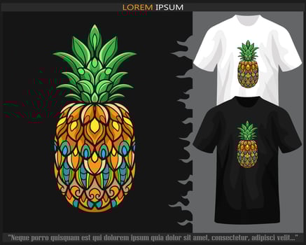 Colorful pineapple fruit mandala arts isolated on black and white t shirt. vector