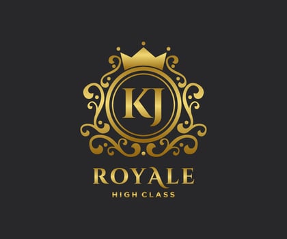 Golden Letter KJ template logo Luxury gold letter with crown. Monogram alphabet . Beautiful royal initials letter. vector