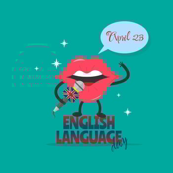 English Language Day with cute mouth holds microphone and speak vector