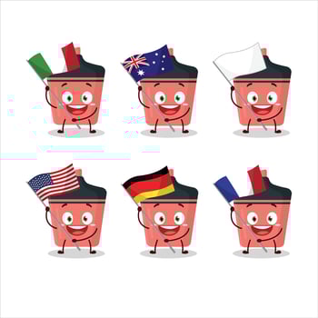 Pink highlighter cartoon character bring the flags of various countries vector