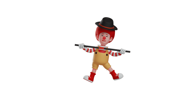 3D illustration. Cool clown 3D cartoon character. The clown brought his magic equipment. Clown wearing a hat and holding a magic wand. The clown showed his cute smile. 3D cartoon character png