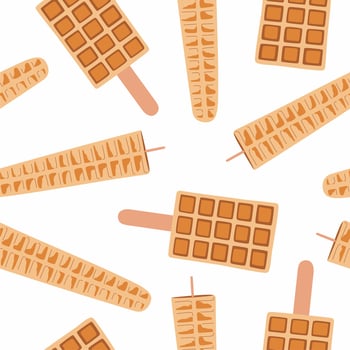 Sweet food and dessert food, vector seamless pattern of golden brown homemade corn dog waffle on a stick.