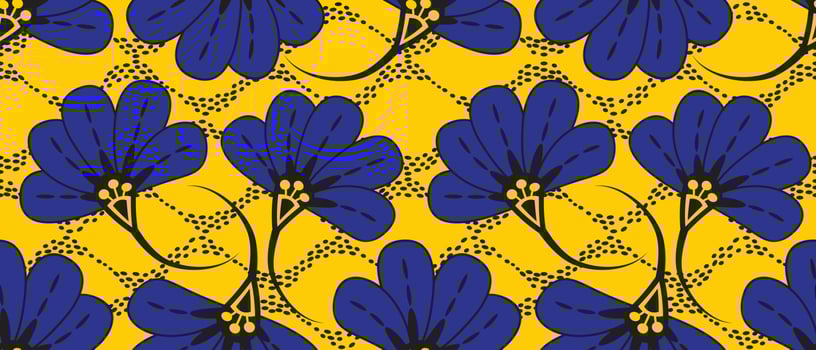 African wax print pattern. seamless beautiful Kitenge, chitenge, dutch wax, and Angara style. fashion design in colorful. blue botanical flower on yellow background. African Wax Print Fabric. vector