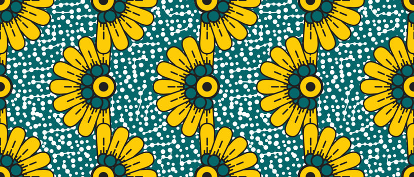 African wax print pattern. seamless beautiful Kitenge, chitenge, dutch wax, and Angara style. fashion design in colorful. yellow botanical flowers on green background. African Wax Print Fabric. vector