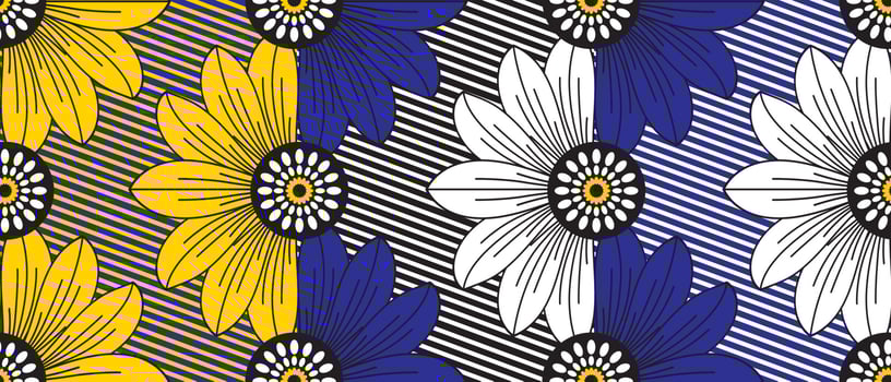 African wax print pattern. seamless beautiful Kitenge, chitenge, dutch wax, and Angara style. fashion design in colorful. yellow, blue, and white botanical flowers. African Wax Print Fabric. vector
