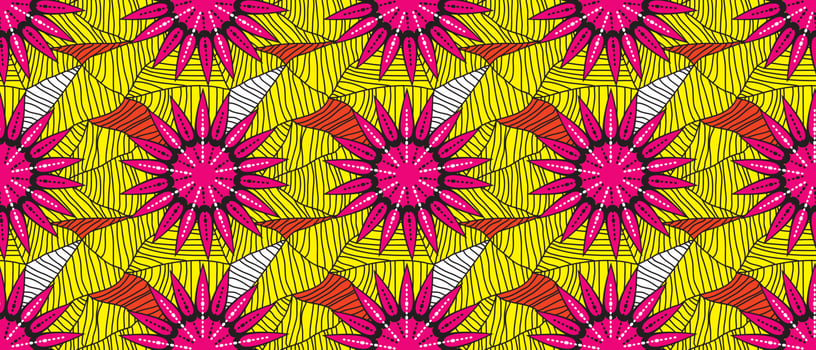 African ethnic yellow pattern. seamless beautiful Kitenge, chitenge, Ankara style. fashion design in colorful. Geometric triangle abstract motif. Pink Floral flowers, African wax prints vector