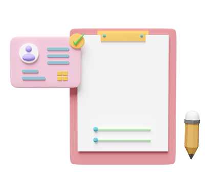 3d Id card with checklist paper, clipboard, pencil isolated. recruitment staff, human resources, job search, job application, template, concept,  3d render illustration png