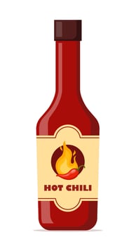 Spicy sauce in red bottle. Ketchup, hot tomato and chili sauce in bottle, red chili pepper and yellow fire on label. Vector illustration.