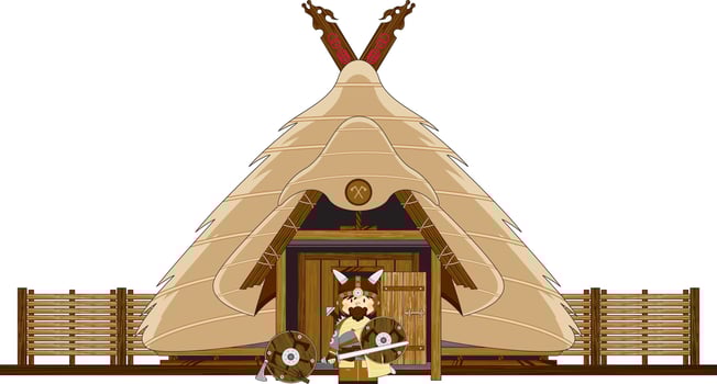 Cute Cartoon Viking Warrior and Homestead Norse History Illustration vector