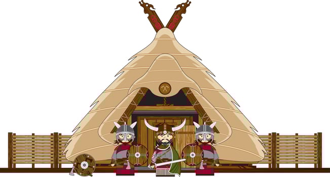Cute Cartoon Viking Warriors and Homestead Norse History Illustration vector