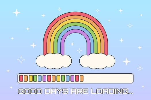 Y2K vector banner with rainbow and loading indicator on the gradient background with stars.