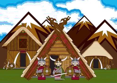Cute Cartoon Viking Warriors and Homestead Norse History Illustration vector