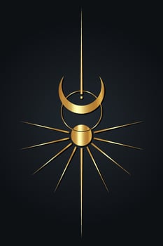 Sun and moon vintage luxury clipart. Wicca golden logo. Mystical Sacred geometry, magic pagan Wiccan goddess and god symbols. Vector gold sign illustration isolated black background