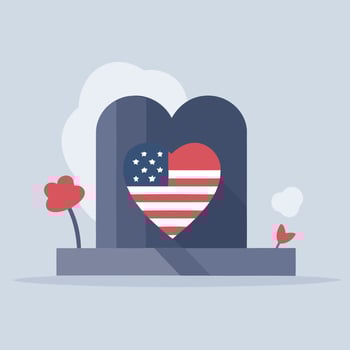 grave in cemetery with red flowers and flag of the united states vector