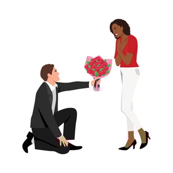 Man give flowers congratulate happy black woman lover for Valentine day. Loving boy greeting girl make surprise with floral bouquet. Dating, couple relationships concept vector