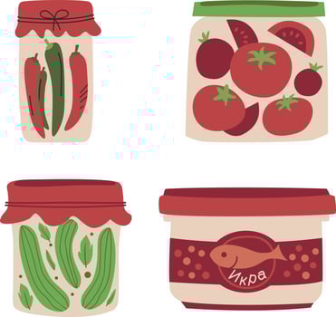 Canned vegetables in jars. Vector illustration in flat cartoon style.