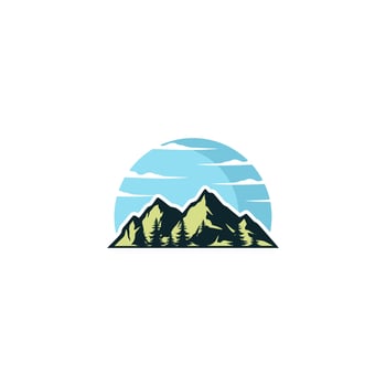 mountain logo with sun and clouds above it vector