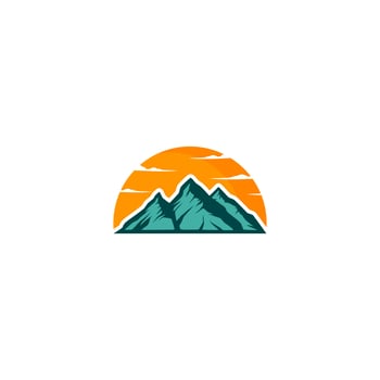 mountain logo with sun and clouds above it vector