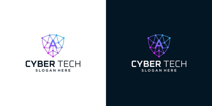 Cyber tech logo design template with initial letter A graphic design vector illustration. Symbol for tech, security, internet, system, Artificial Intelligence and computer.