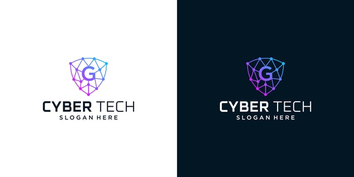 Cyber tech logo design template with initial letter G graphic design vector illustration. Symbol for tech, security, internet, system, Artificial Intelligence and computer.