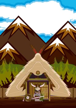 Cute Cartoon Viking Warrior at Homestead Norse History Illustration vector
