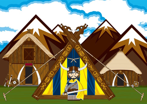 Cute Cartoon Viking Warrior and Tent Norse History Illustration vector
