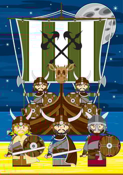 Cute Cartoon Viking Warriors and Longboat Norse History Illustration vector